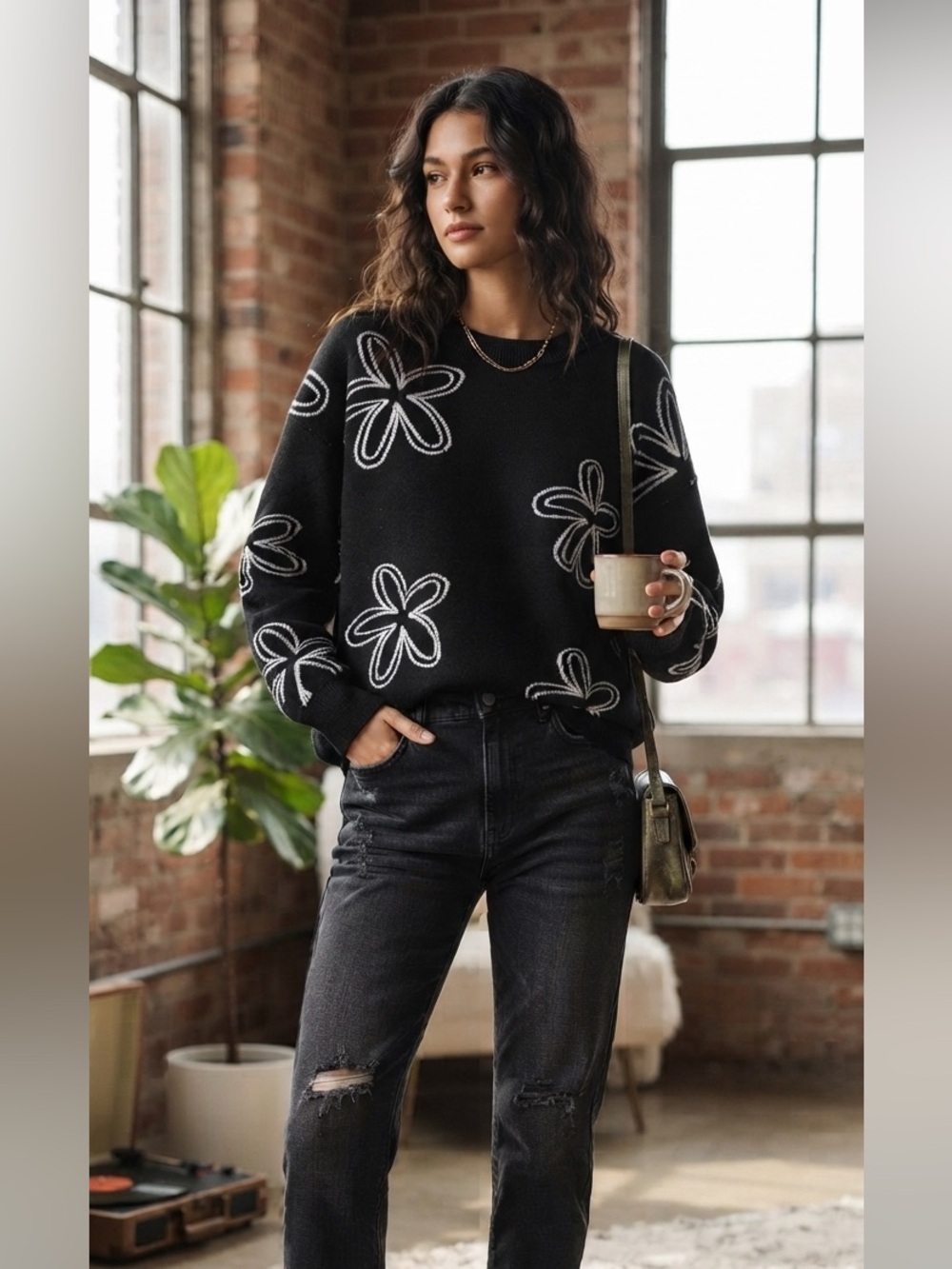 Dokotoo Black and White Patterned Women's Sweater